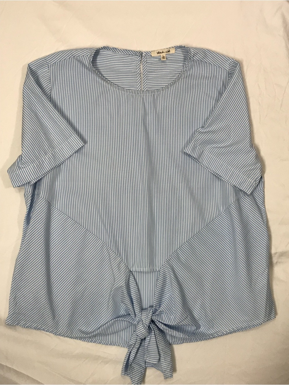 Blueh ciel Blue/White Striped Woven Cotton Tie-Front Short‎ Sleeve Blouse L